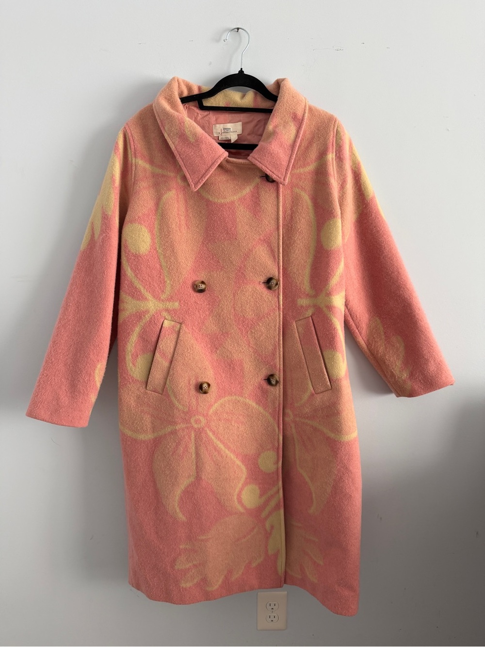 Anthropologie Pink Yellow Oversized Floral Double Breasted Coat Size M